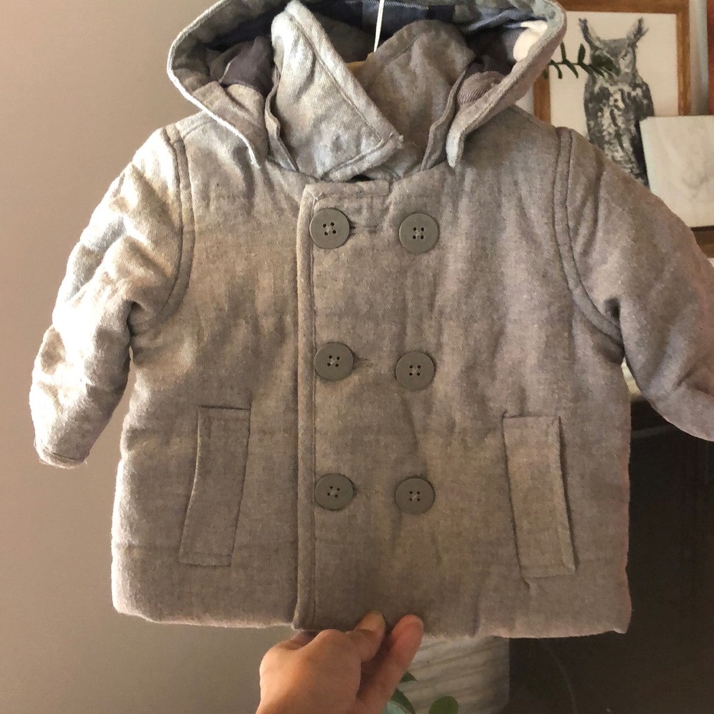 Baby boys hooded and quilted pea coat.